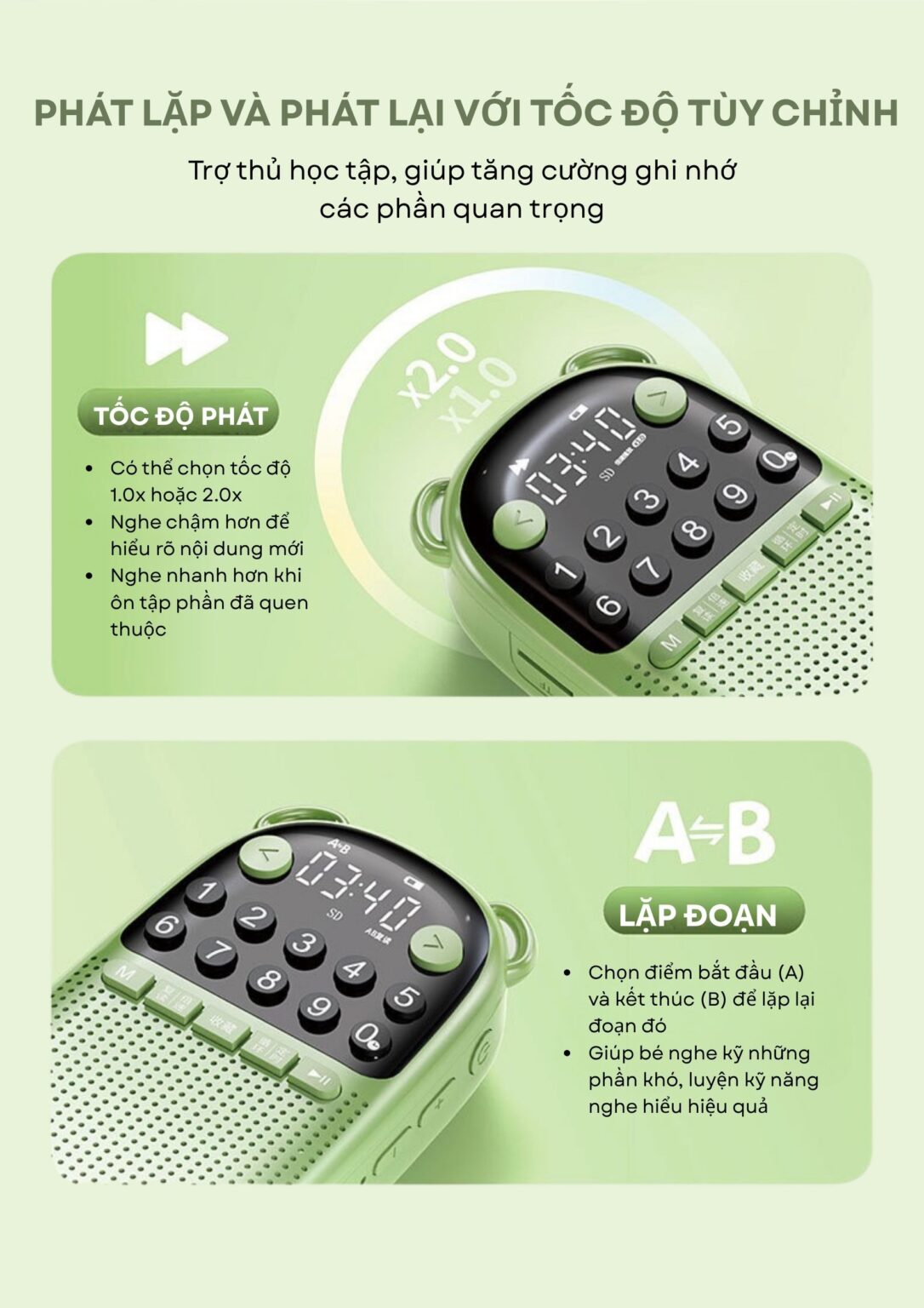 Phát lặp và phát lại với tốc độ tùy chỉnh