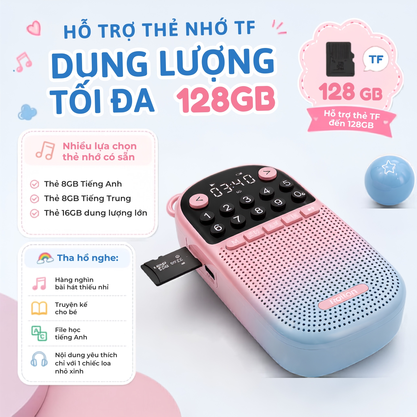 Hỗ trợ thẻ nhớ TF dung lượng tối đa 128GB